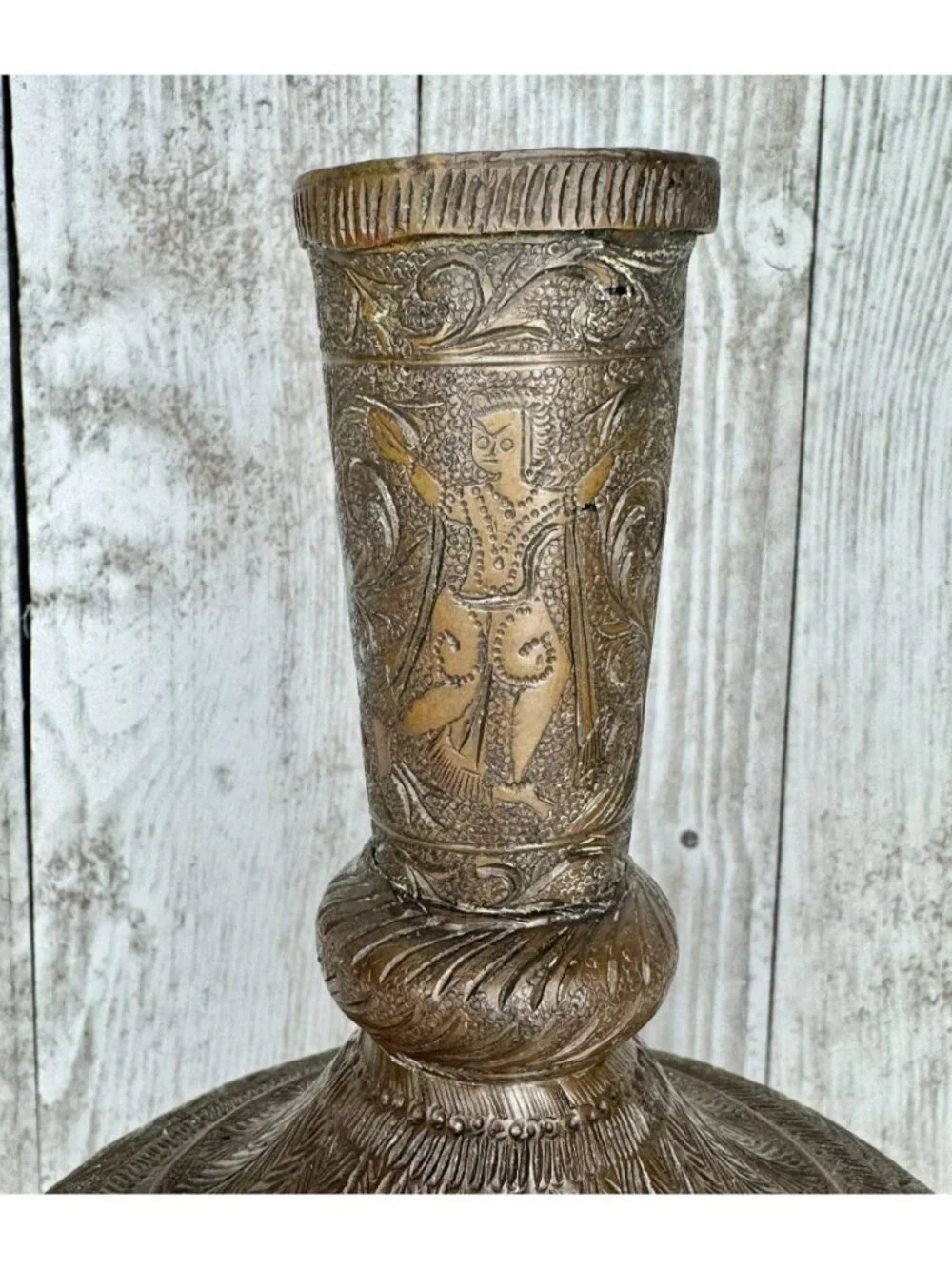 Antique Indian Engraved Etched Brass Surahi Vase